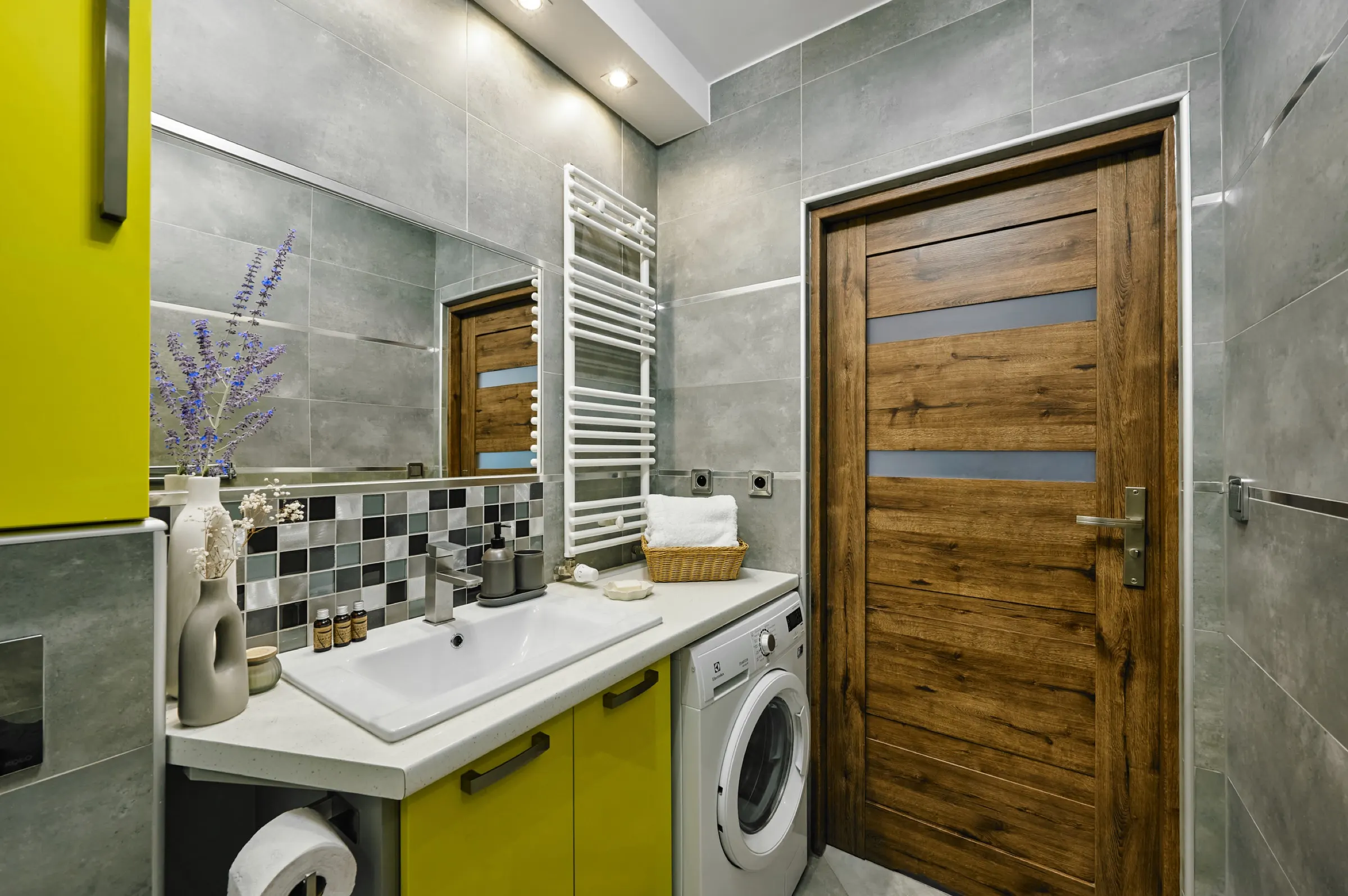 Bathroom with a wooden door