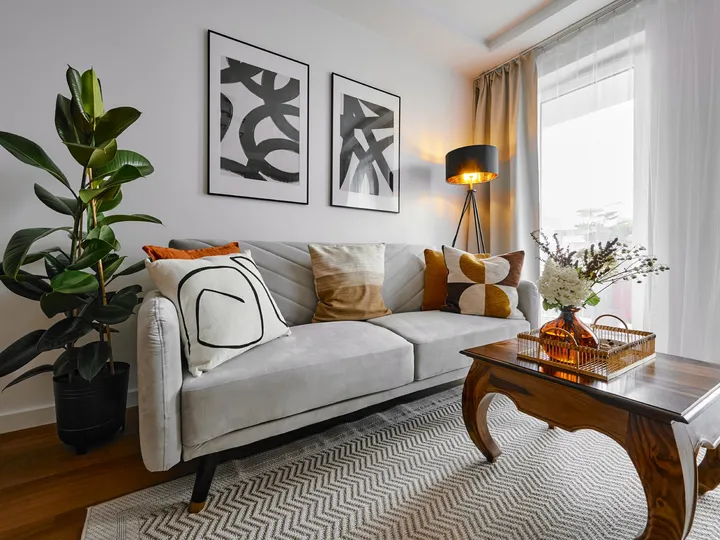 Living room with a light sofa, carved coffee table and a fig plant