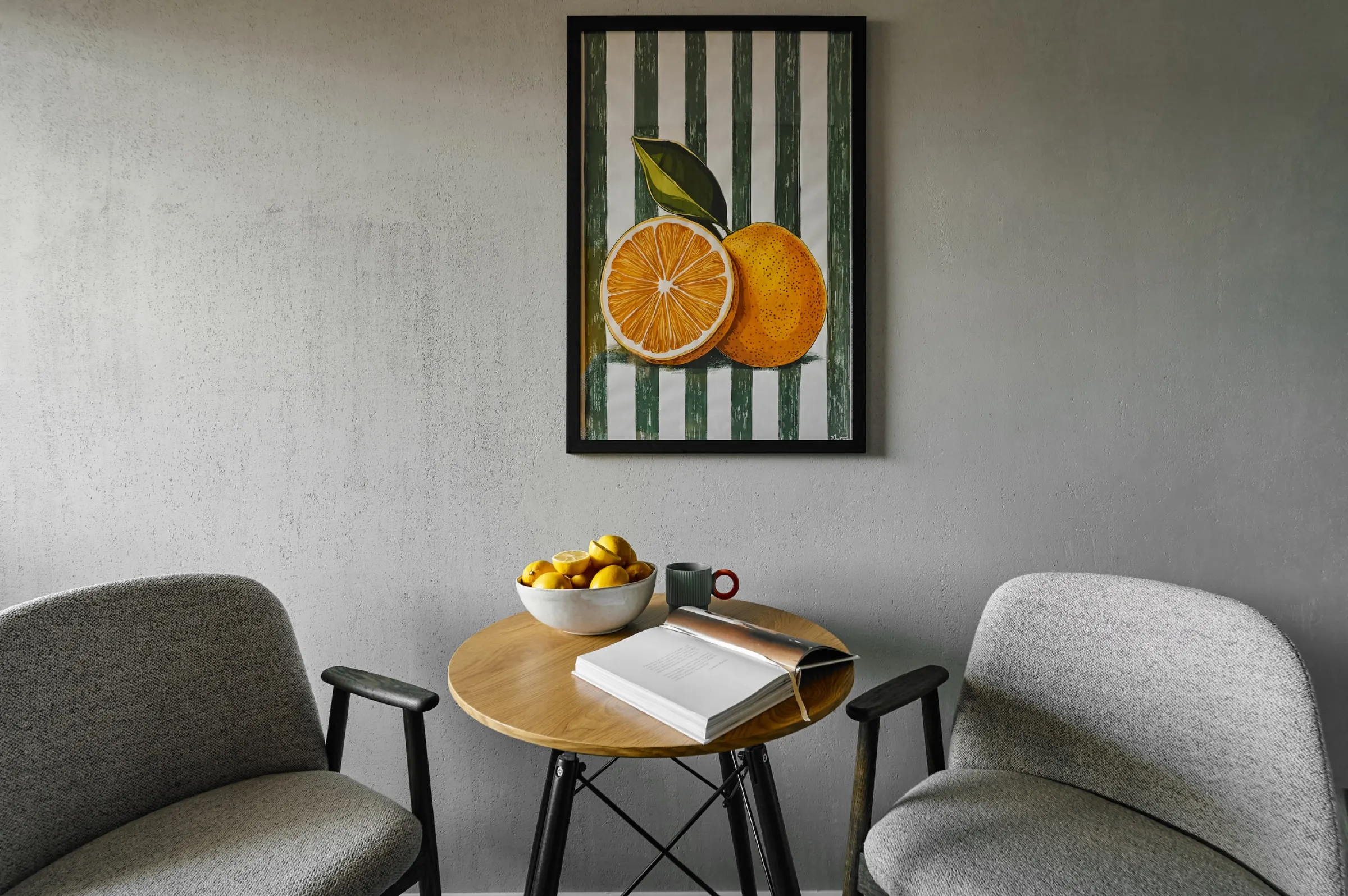 Breakfast corner with an orange print