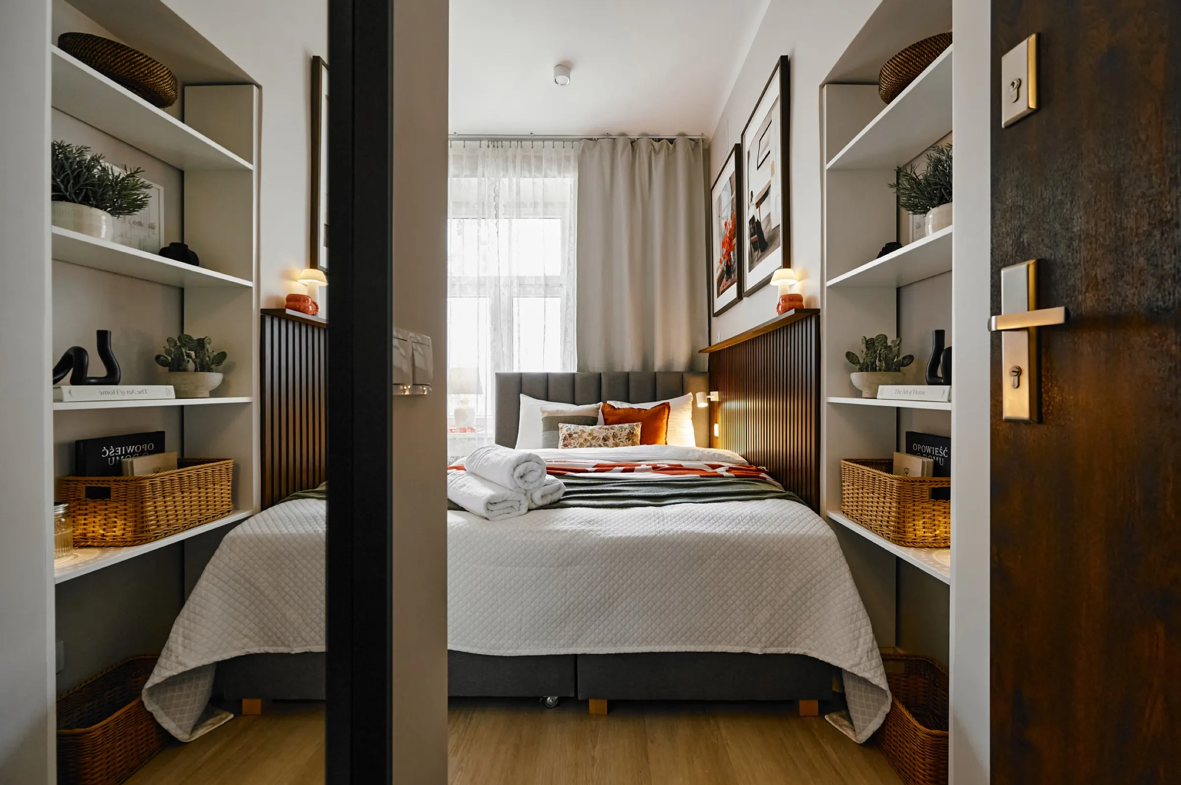 View from the door: shelves and the bed under the window