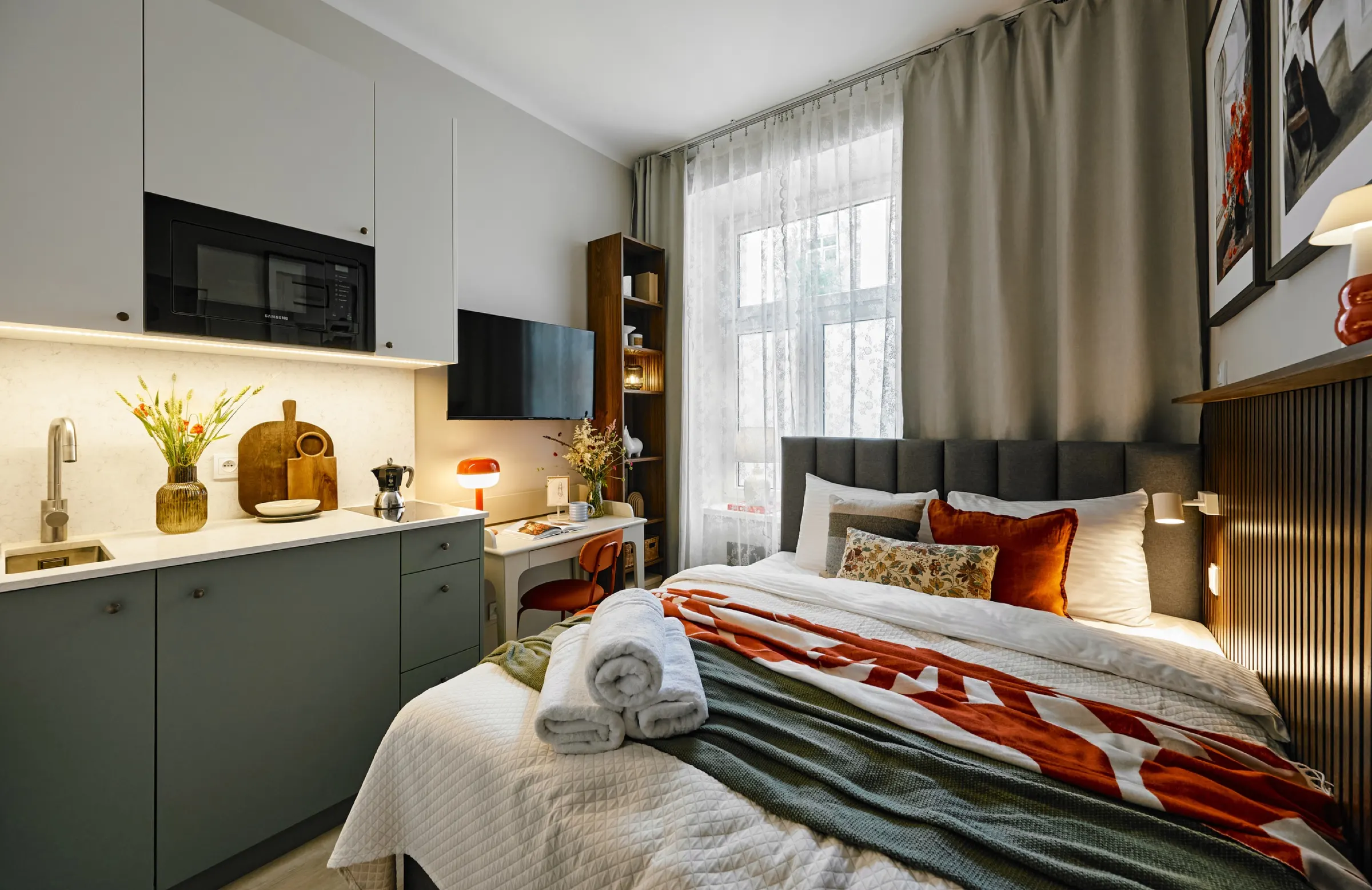 The bed and the kitchenette