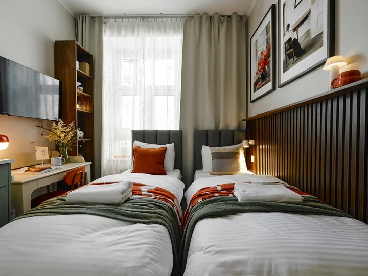 Bed with the TV and shelves