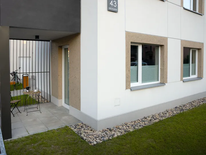 The terrace and garden beside the building