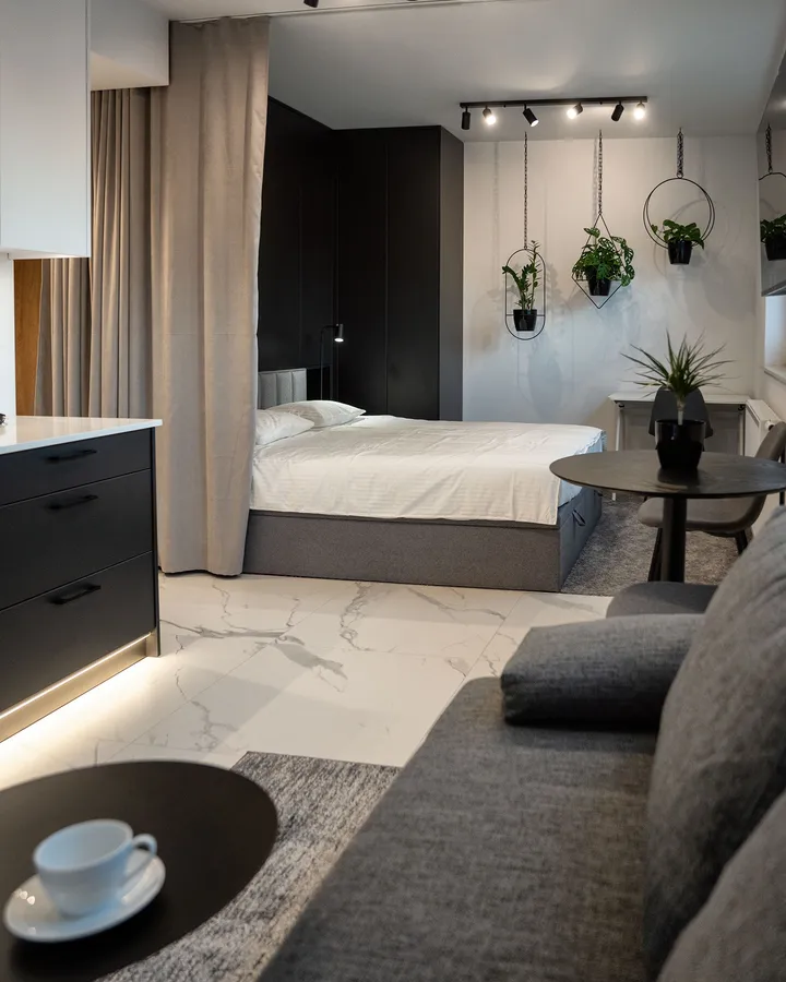 Living room with a sofa and the bed area behind a curtain